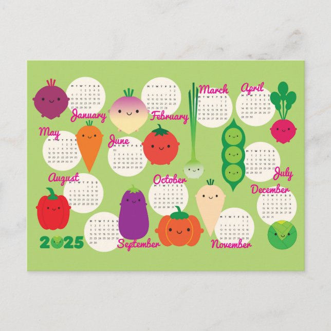 5 A Day Kawaii Vegetables 2025 Calendar Vykort (Framsida)