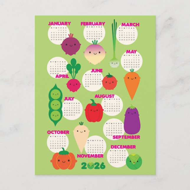 5 A Day Kawaii Vegetables 2026 Calendar Vykort (Framsida)