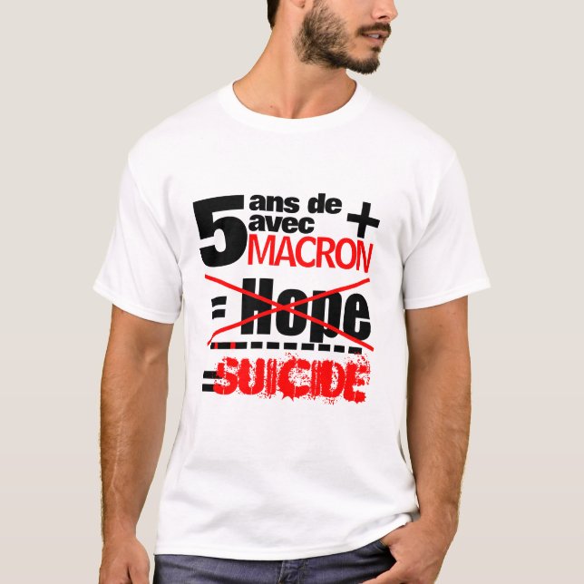5 ans + Macron = SUICIDE - vit Manar T Shirt (Framsida)