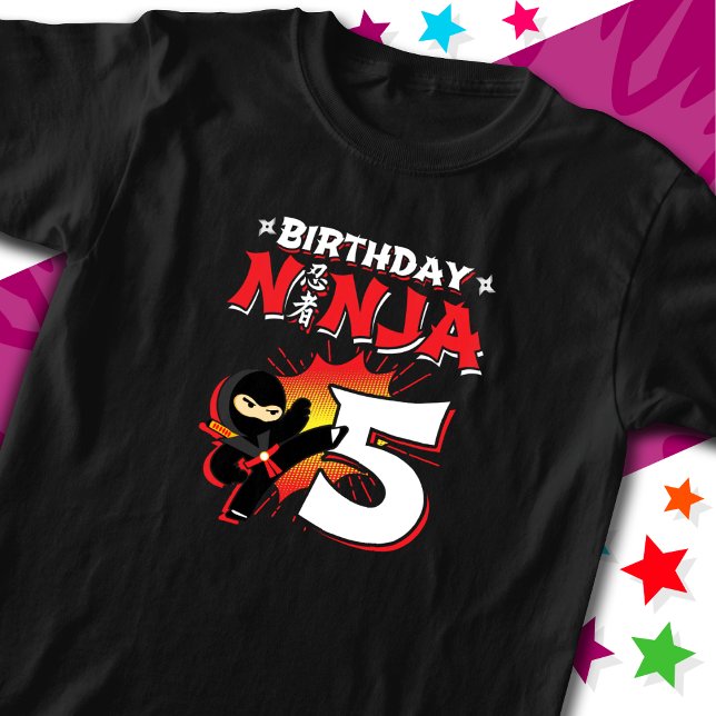 5 år gammal Tecknad Bok Stil Ninja 5:e födelsedage T Shirt (Skapare uppladdad)