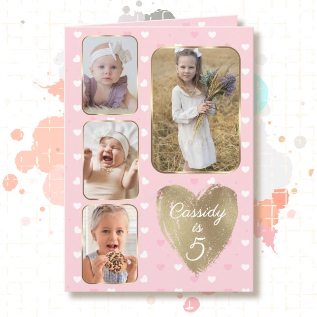 5-års födelsedag 4 Bildcollage Guld Rosa Hjärtan Kort (Skapare uppladdad)