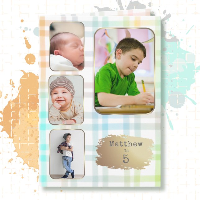 5-års födelsedag 4 Bildcollage Plaid för honom Kort (Skapare uppladdad)