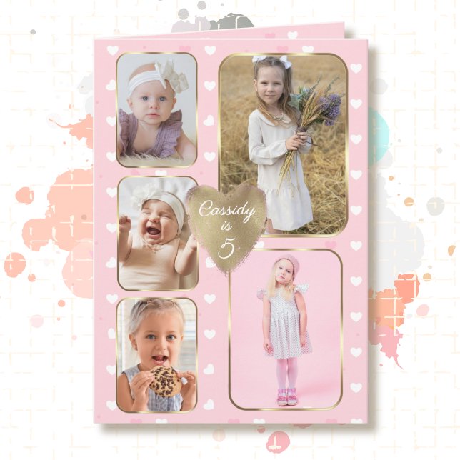 5-års födelsedag 5 Bildcollage Guld Rosa Hjärtan Kort (Skapare uppladdad)