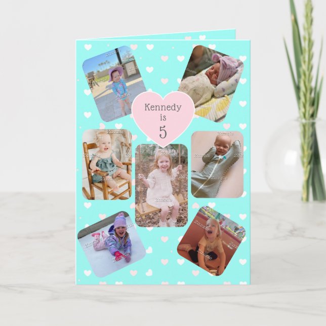 5-års födelsedag 7 Bildcollage Teal Rosa Hjärtan Kort (Framsida)