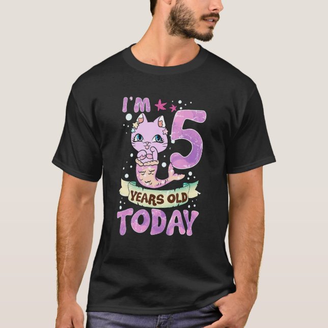 5-års födelsedag katt sjöjungfru Mercat Kitty pres T Shirt (Framsida)
