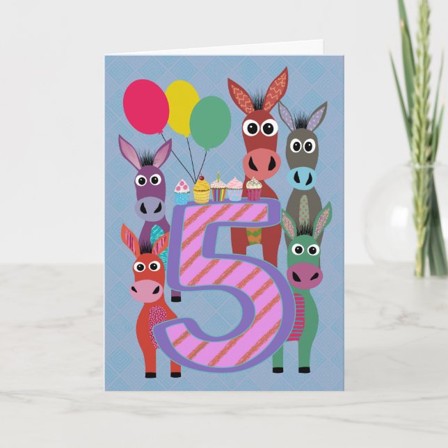 5-års födelsedag med fem åsnor och cupcakes kort (Framsida)