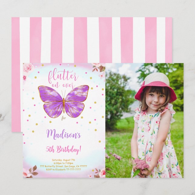 5-års födelsedags fjäril fotinbjudan inbjudningar (Fram/baksida)