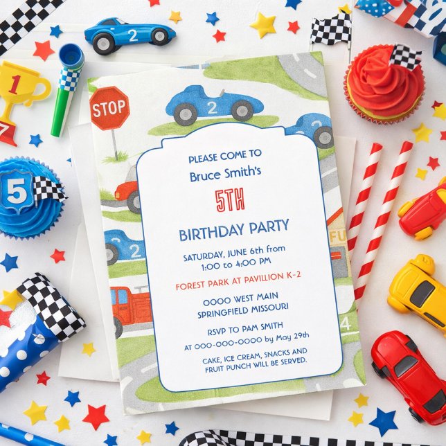 5-års födelsedags pojke racerbil fest inbjudningar (Editable race car birthday invitation template for boys  personalize name, age, and details)