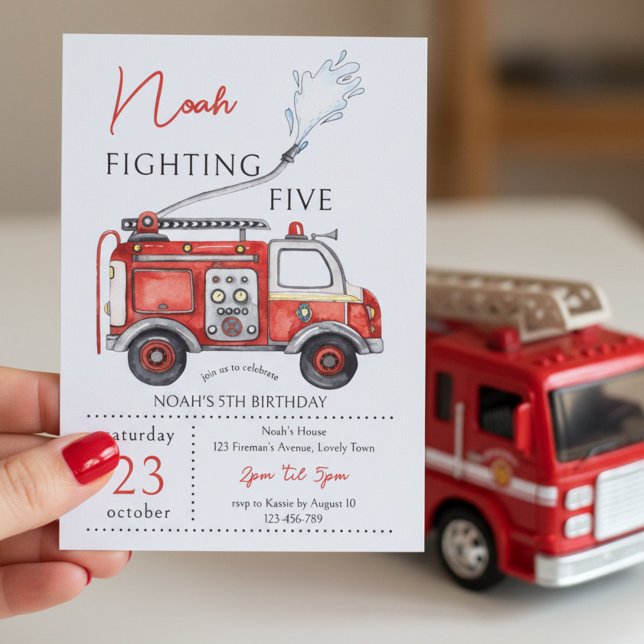 5-års födelsedags röda brandbil bekämpar fem inbjudningar (Fighting Five 5th  birthday invitation with red fire truck theme)