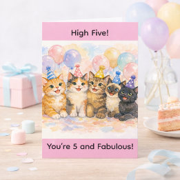5-års födelsedagsflicka Ålder 5 Akvarell Söt katt Kort