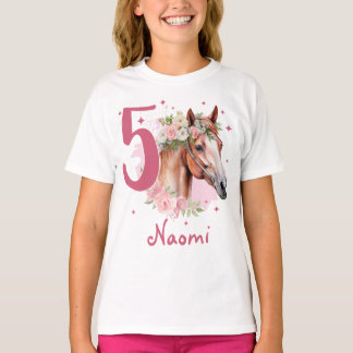 5-års födelsedagsflicka Häst Pastell Rosa Fem år T Shirt