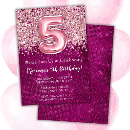 5-års födelsedagsinbjudan Girly Magenta Rosa Glitt Inbjudningar