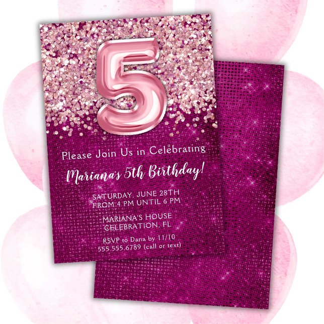 5-års födelsedagsinbjudan Girly Magenta Rosa Glitt Inbjudningar (Skapare uppladdad)