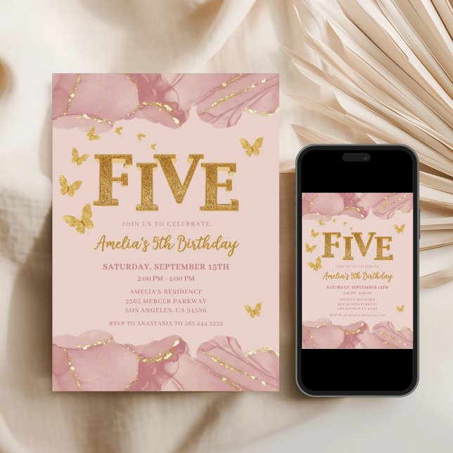 5-års födelsedagsinbjudan Rosa Guld Glitter Flicka Inbjudningar (Skapare uppladdad)