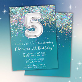 5-års födelsedagsinbjudan Teal Silver Glitter Inbjudningar