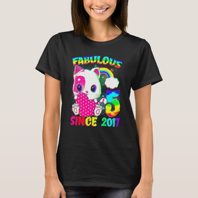 5 års gammal 5:e födelsedagen Cute Cat Girl Fabulo T Shirt (Framsida)