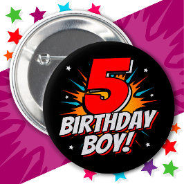5 års gammal superhjälte Birthday Boy 5 Birthday Knapp