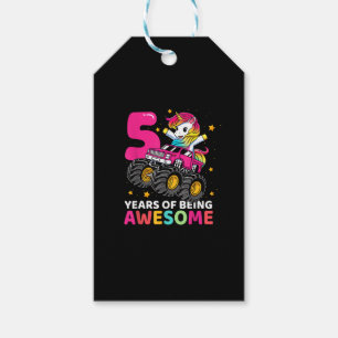 5 års gammal Unicorn Riding Monster Lastbil 5:e fö Presentetikett