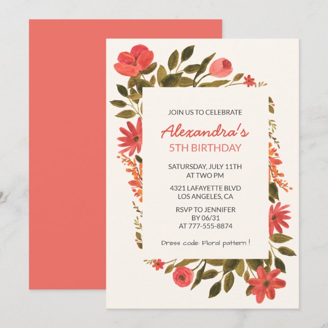 5-års inbjudan Blommig Boho Elegant (Fram/baksida)