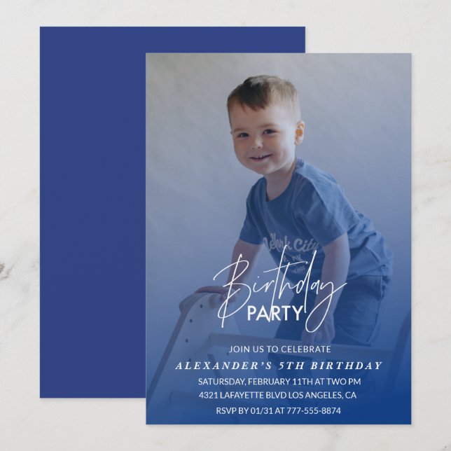 5-års inbjudan Födelsedagsfest Foto pojke (Fram/baksida)