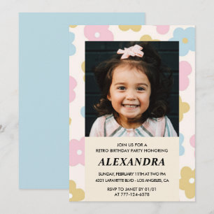 5-års inbjudan Retro Groovy Blommor Söt