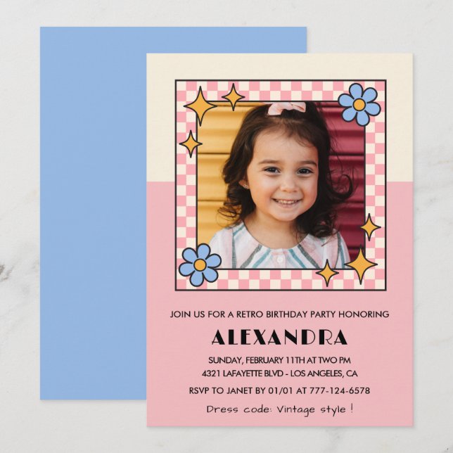 5-års inbjudan Retro Groovy Rosa Blommor (Fram/baksida)
