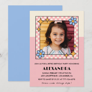 5-års inbjudan Retro Groovy Rosa Blommor