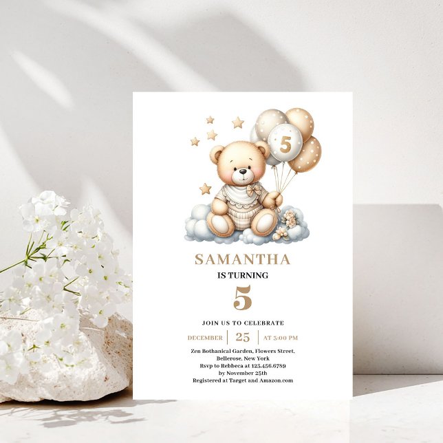 5-års inbjudan Teddybjörn Guld Elfenbensballonger (5th Birthday Invite Teddy Bear Gold Ivory Theme)