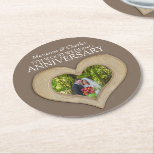 5-års trähjärtas bröllopsjubileum foto-coasters underlägg papper rund