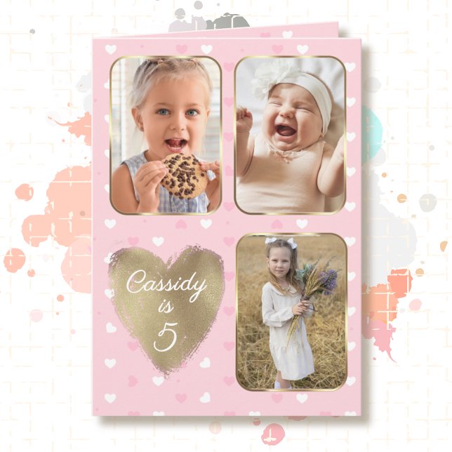 5-årsdag 3 Bildcollage Guld Rosa Hjärtan Kort (Skapare uppladdad)