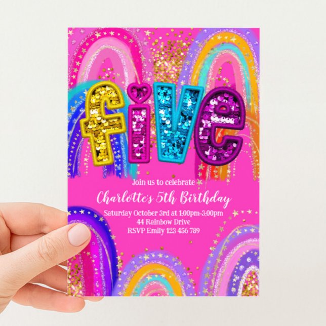 5-årsdag Rainbow Sequin Glitter Inbjudan (Skapare uppladdad)