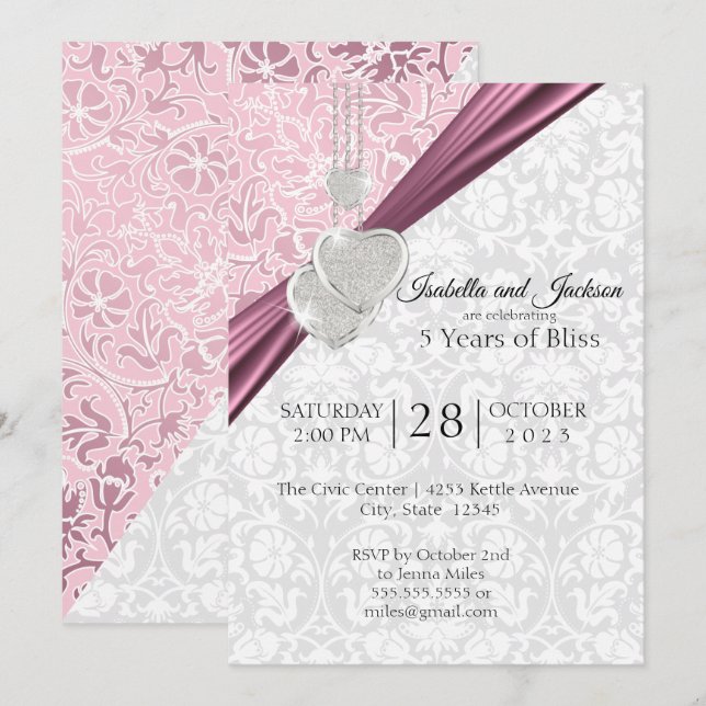 5-årsjubileum för bröllop Design - Rosa Inbjudningar (Fram/baksida)