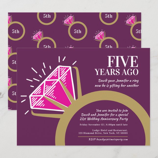 5-årsjubileumsparty rosa tourmalinring inbjudningar (Fram/baksida)