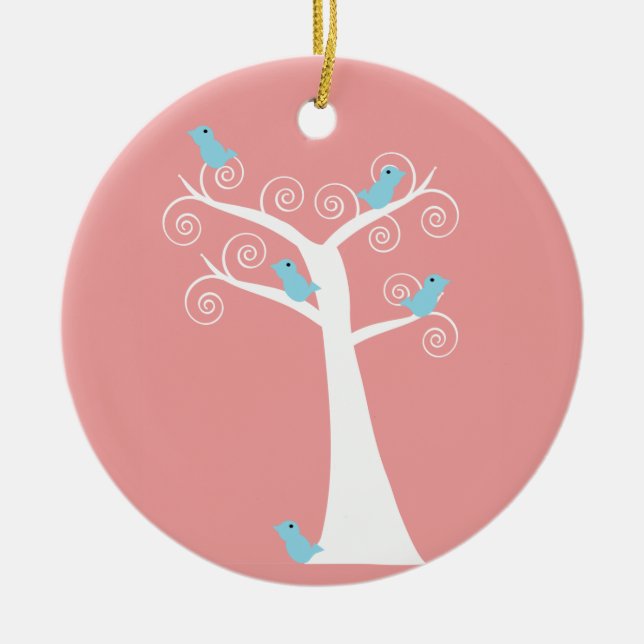 5 blåa fåglar i ett trädornament julgransprydnad keramik (Framsidan)
