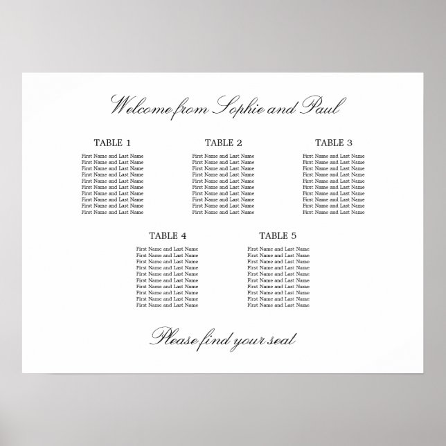 5 Bord Elegant Minimalistisk Placeringsplan Poster (Framsidan)