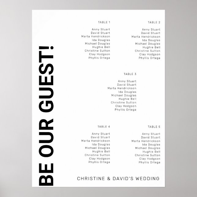 5 bord Enkel Vit Bröllops sittplatsschema Poster (Framsidan)