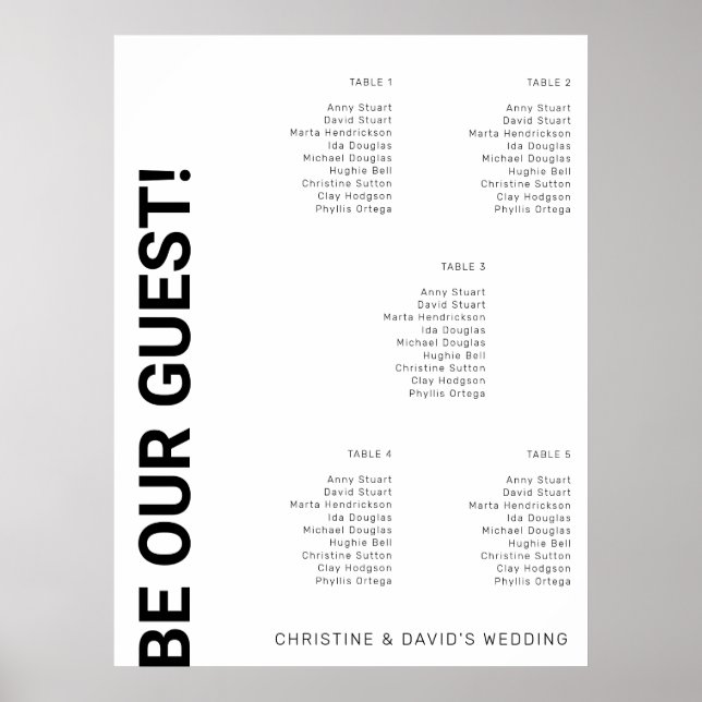 5 bord enkelt sittdiagram i vitt Bröllop Poster (Framsidan)