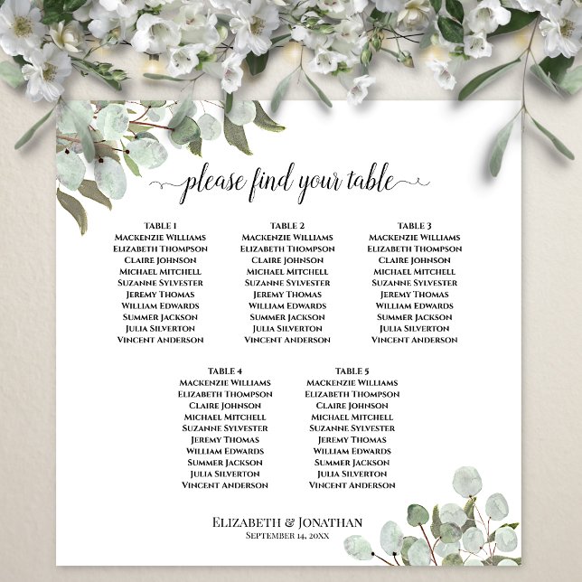 5 Bord Eucalyptus Löv Bröllop sätesdiagram Poster (In Situ on Wall with Flowers)
