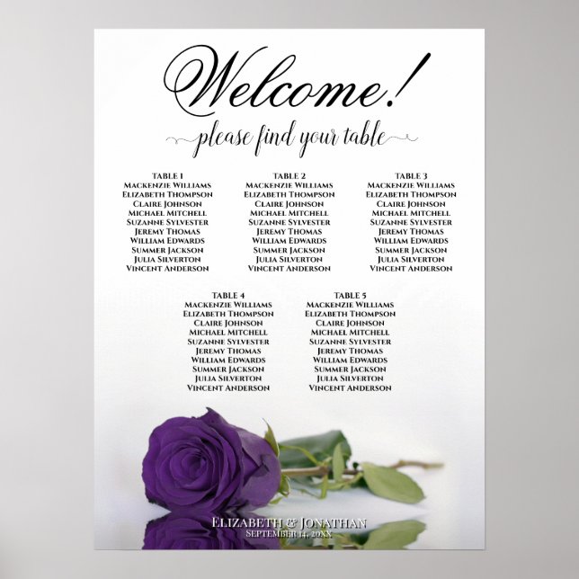 5 bord Royal Purple Ros Bröllopsplatskarta Poster (Framsidan)