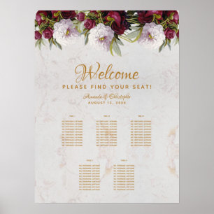 5 Bordsplacering Marmor Burgunder Röd Vit Peony Poster
