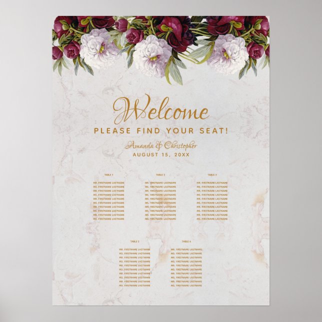 5 Bordsplacering Marmor Burgunder Röd Vit Peony Poster (Framsidan)