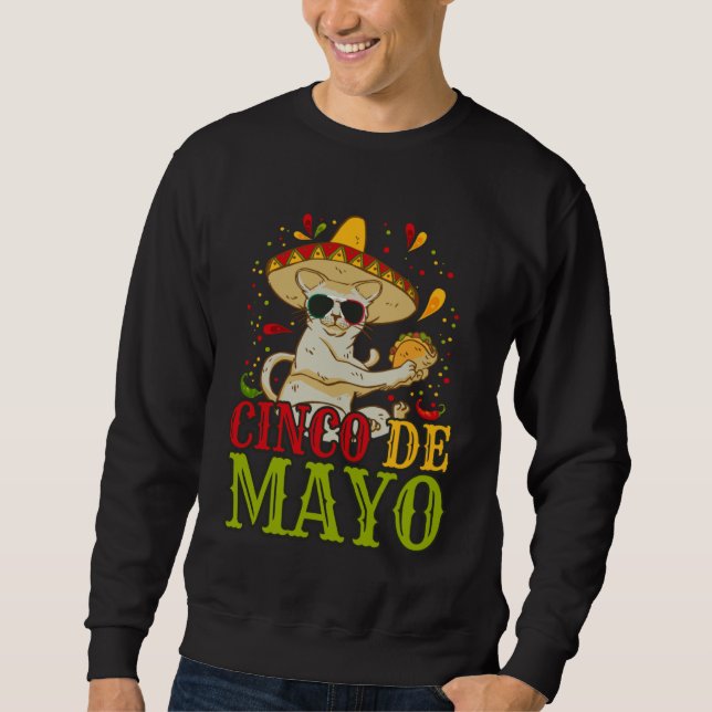 5 Cinco De Mayo  Cat With Mexican Hat And Taco Lång Ärmad Tröja (Framsida)