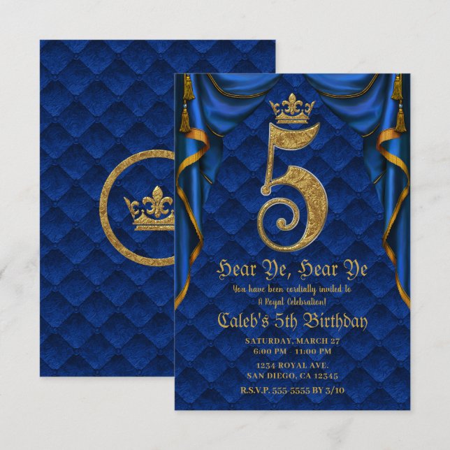 5:e 5 Femårs Födelsedagsfest Royal Blå Guld Krona Inbjudningar (Fram/baksida)