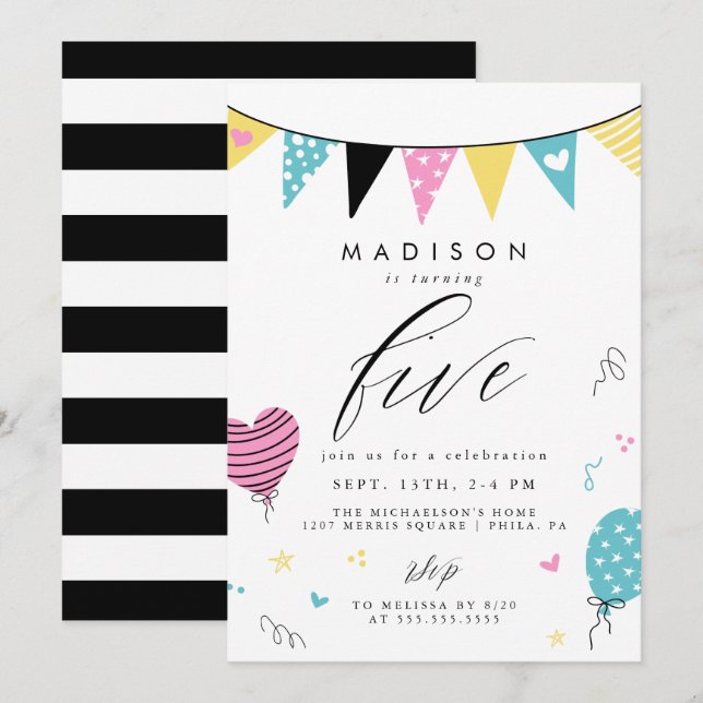 5:E BIRTHDAG | Födelsedagsfest av ljudlucka Inbjudningar (Fram/baksida)
