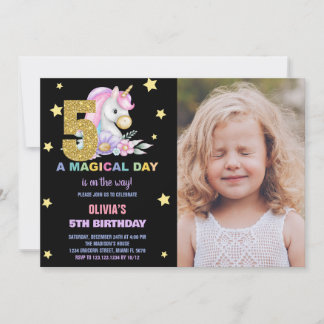 5:e Blommigten Unicorn Birthday-inbjudningar med f Inbjudningar