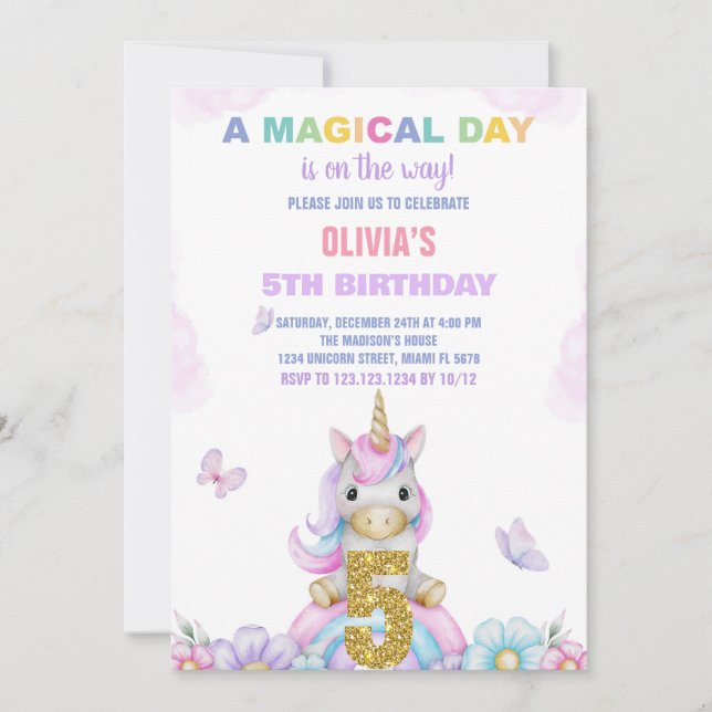 5:e Blommigtens inbjudan till Unicorn-födelsedag (Framsida)