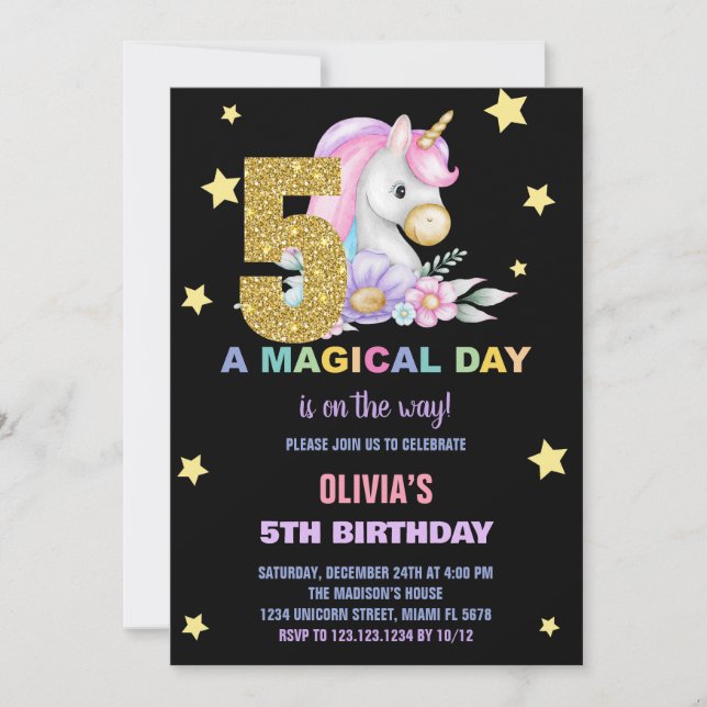 5:e Blommigtens inbjudan till Unicorn-födelsedag (Framsida)