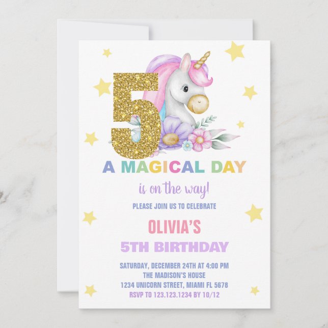 5:e Blommigtens inbjudan till Unicorn-födelsedag (Framsida)