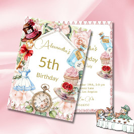 5:e födelsedag Alice i underlandets Rosa Blommigt Inbjudningar