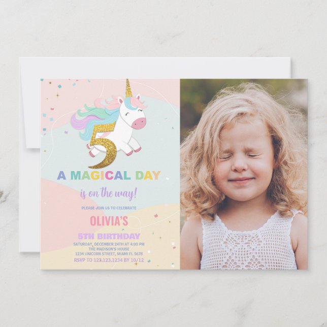 5:e födelsedag Unicorn Birthday-inbjudan med foto Inbjudningar (Framsida)
